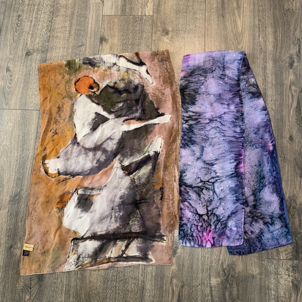 The Gallery Women Silk Head Scarf Abstract Figurative TieDye Multicolor Set Of 2